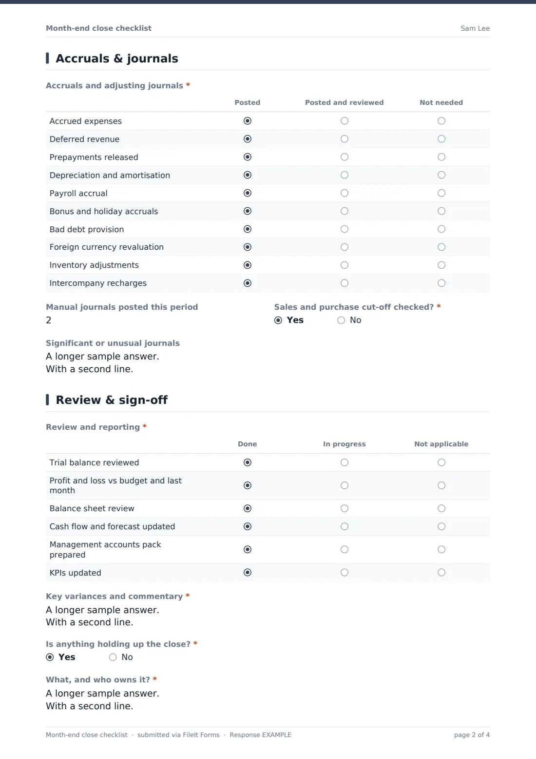 Month-end close checklist — example response PDF, page 2 of 4