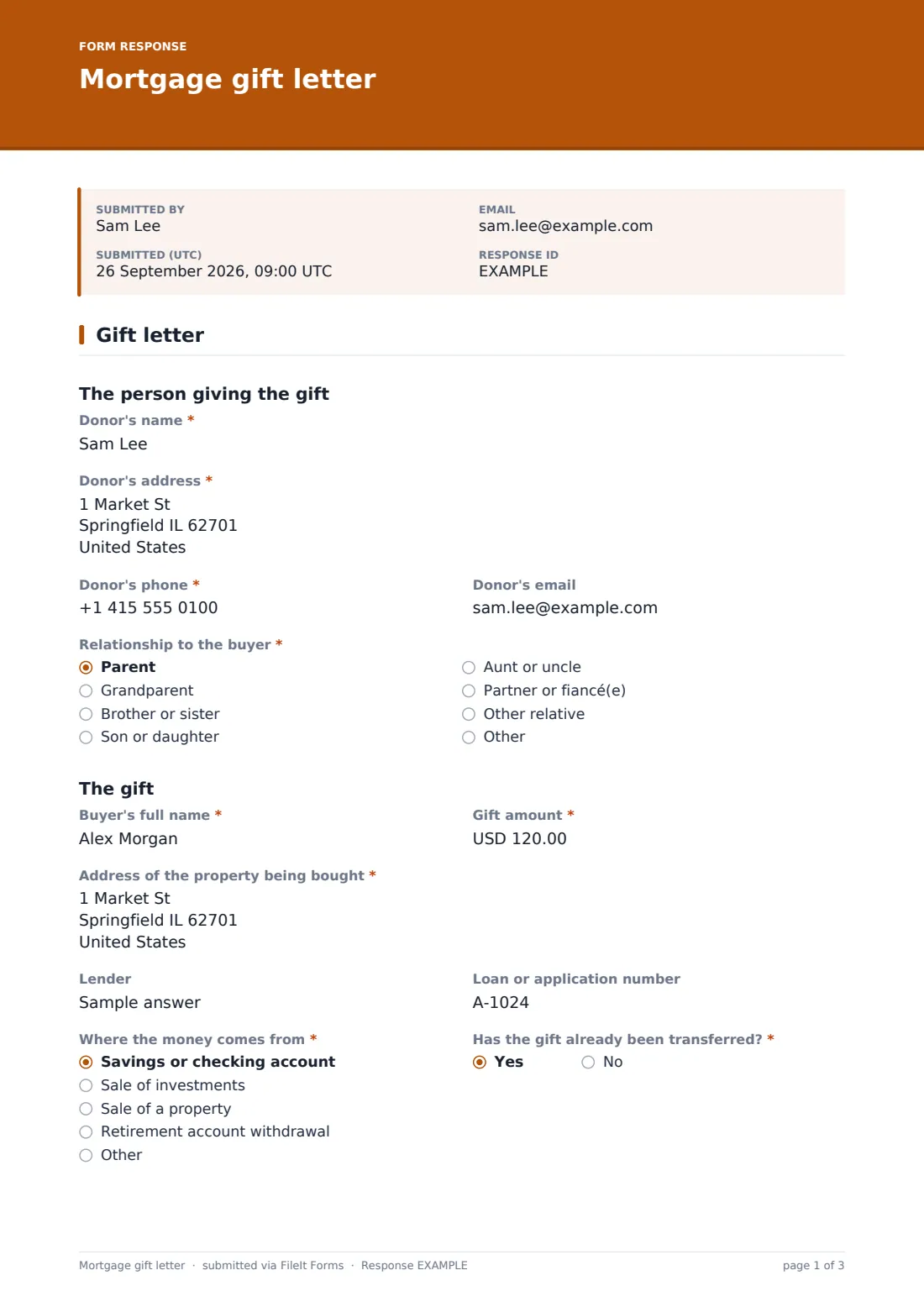 Mortgage gift letter — example response PDF, page 1 of 3
