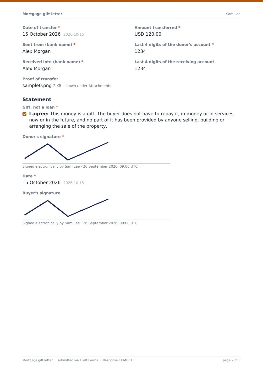 Mortgage gift letter — example response PDF, page 2 of 3