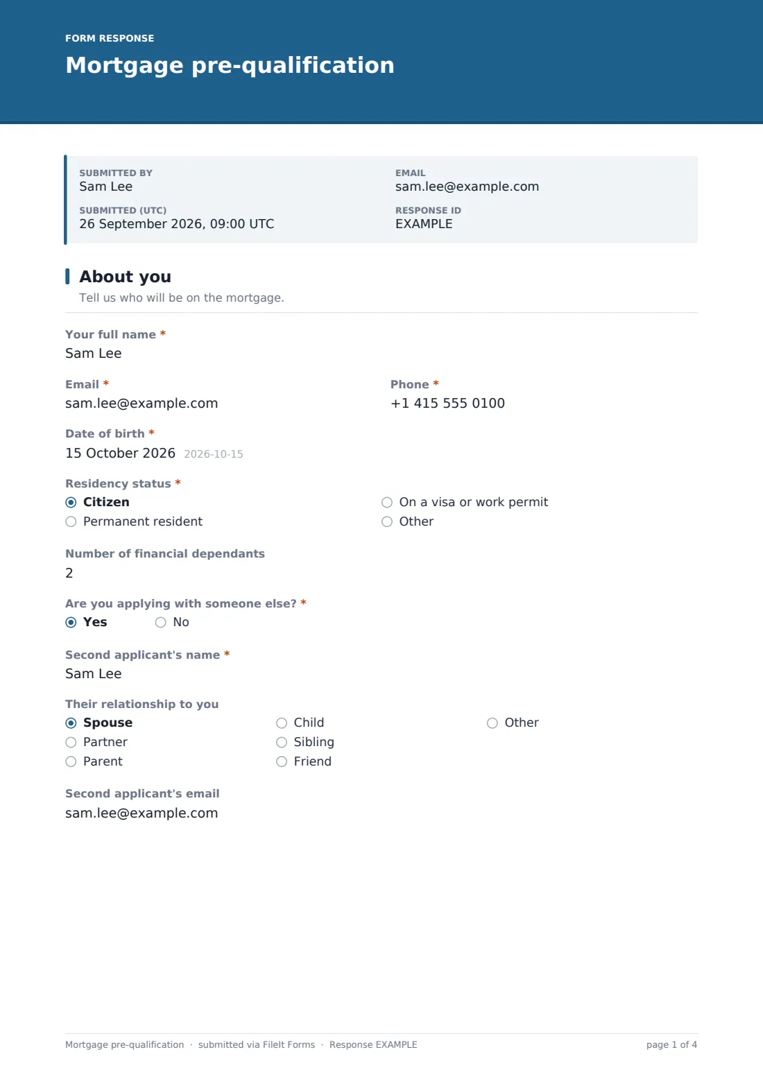 Mortgage pre-qualification — example response PDF, page 1 of 4