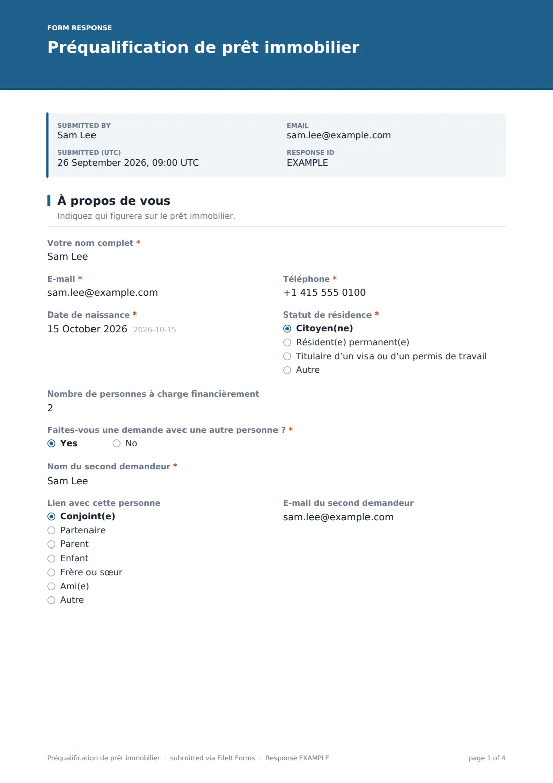 Préqualification de prêt immobilier — exemple de réponse au format PDF, page 1 sur 4
