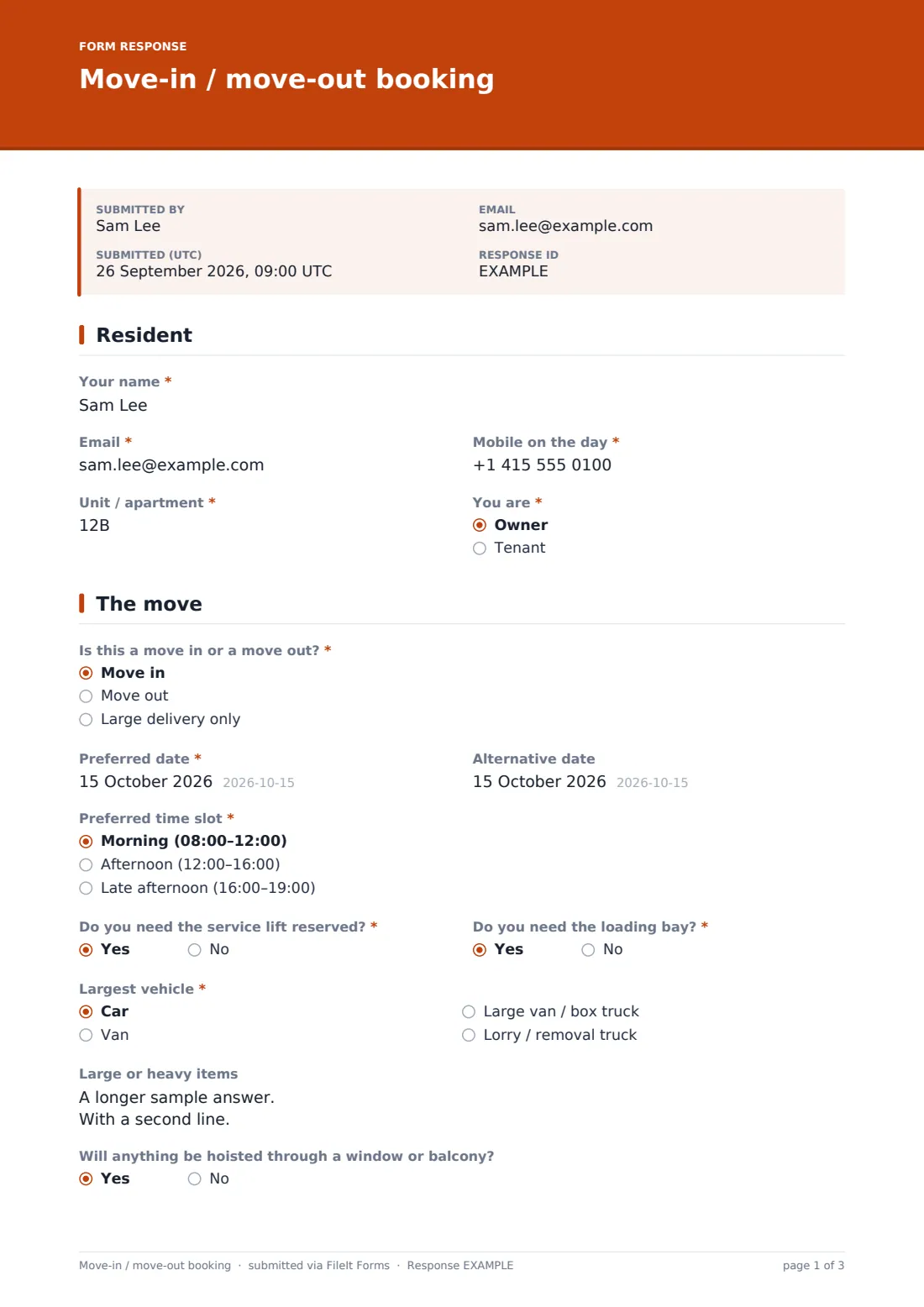 Move-in / move-out booking — example response PDF, page 1 of 3
