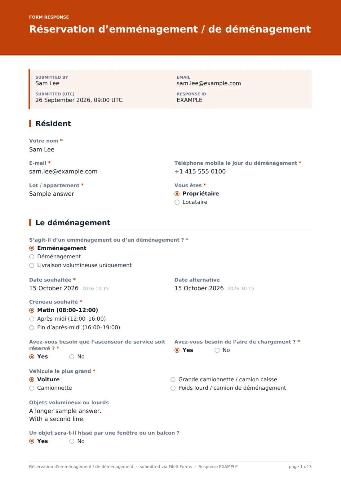 Réservation d’emménagement / de déménagement — exemple de réponse au format PDF, page 1 sur 3