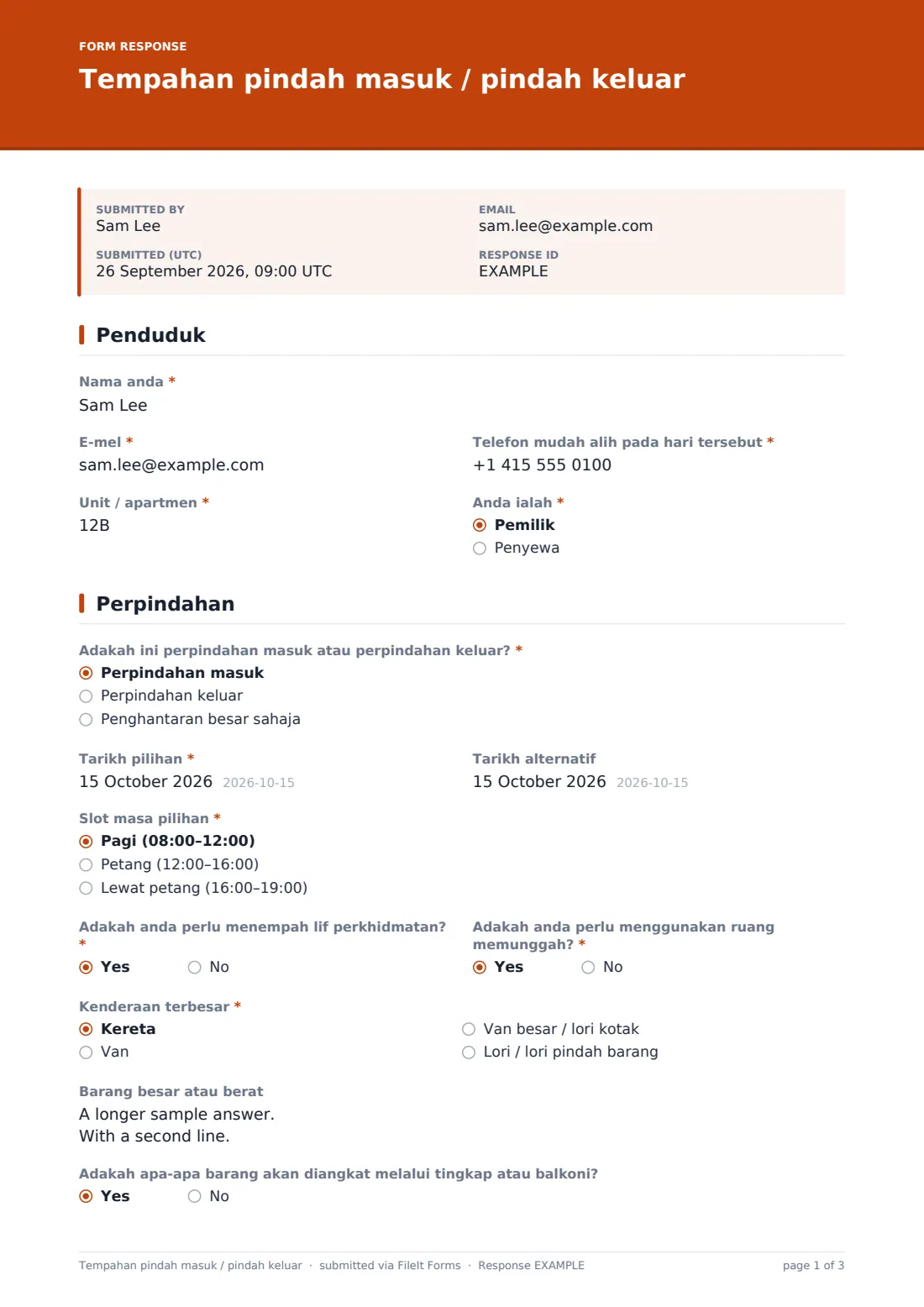 Tempahan pindah masuk / pindah keluar — PDF respons contoh, halaman 1 daripada 3