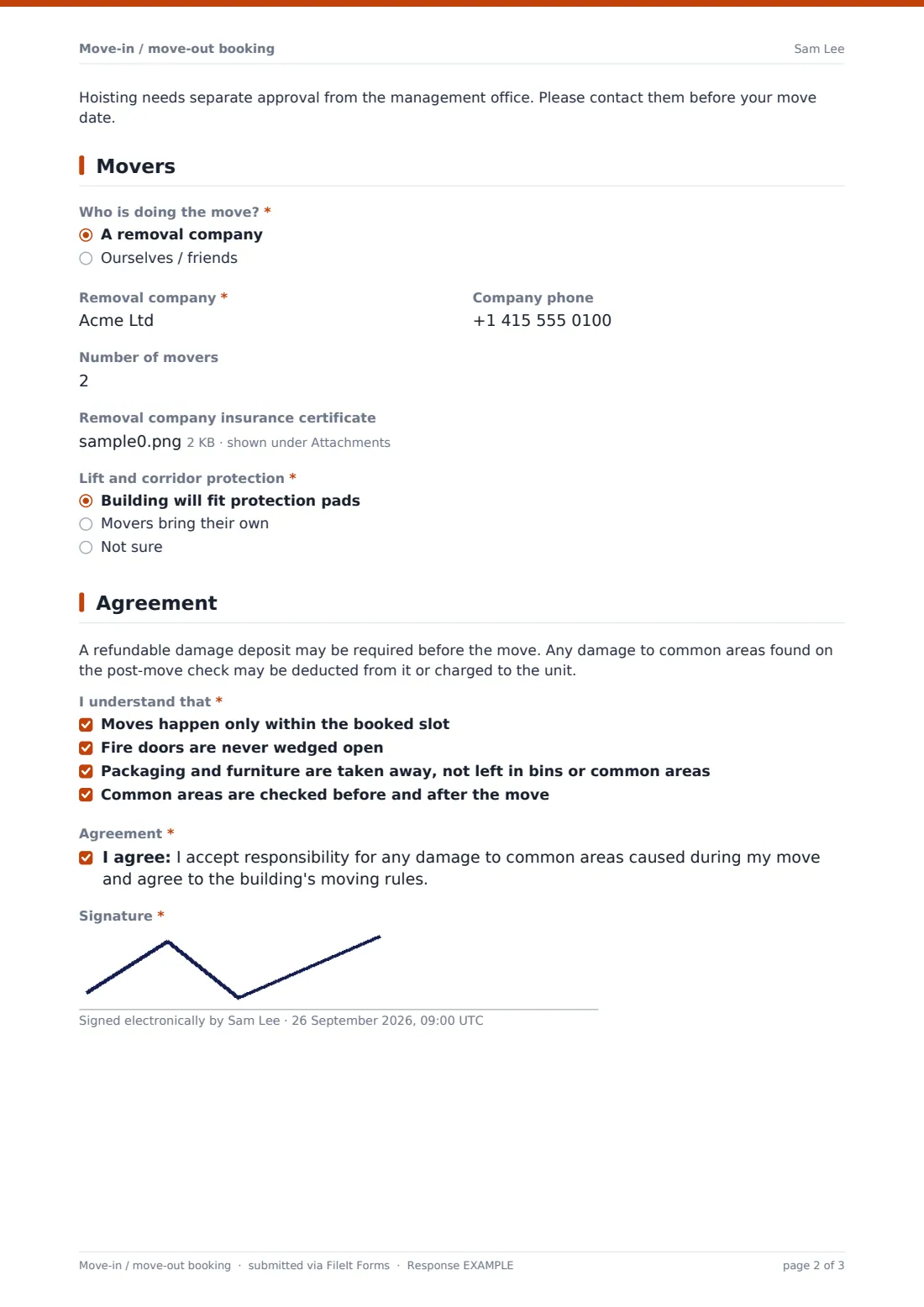 Move-in / move-out booking — example response PDF, page 2 of 3