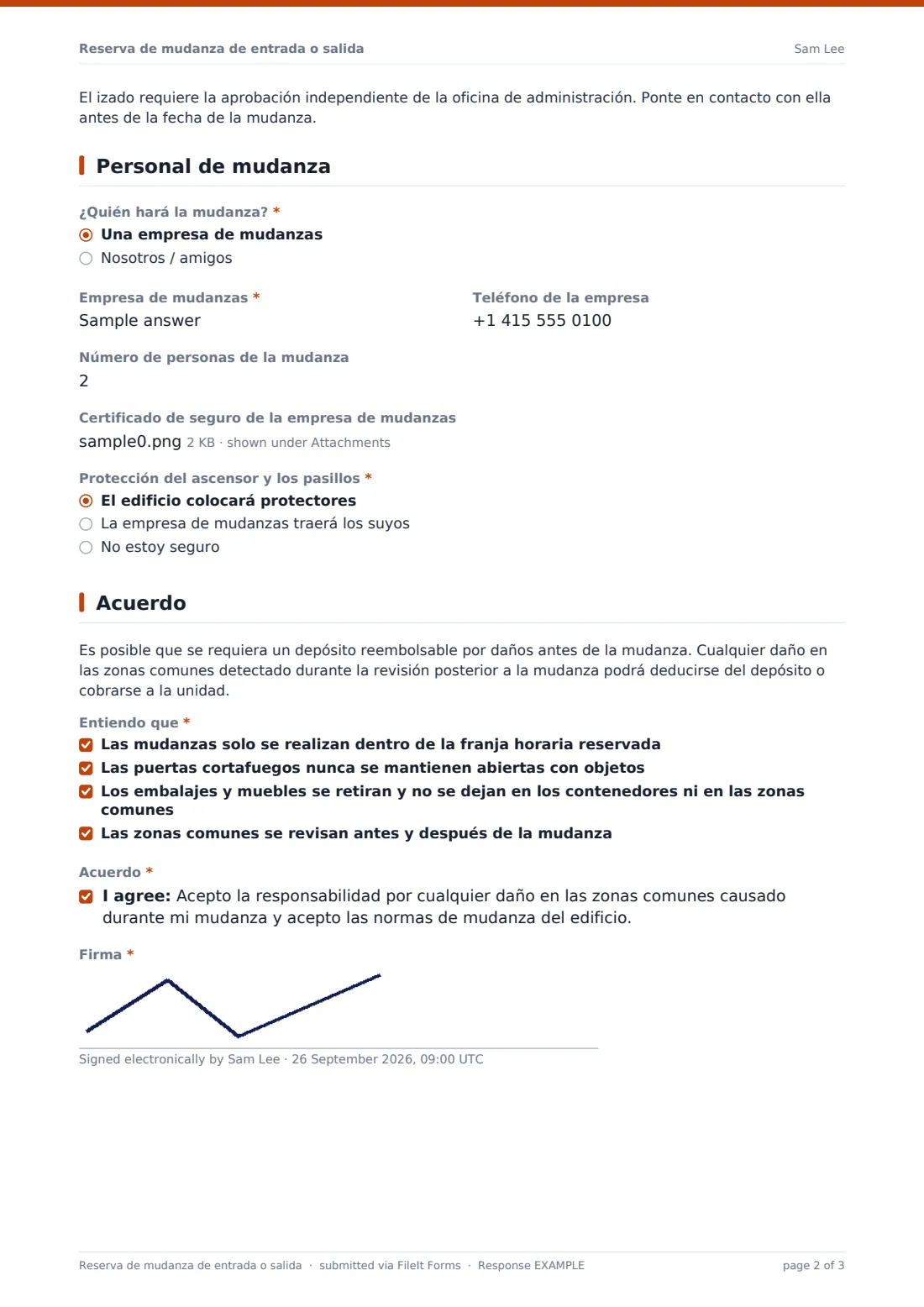 Reserva de mudanza de entrada o salida — PDF de respuesta de ejemplo, página 2 de 3