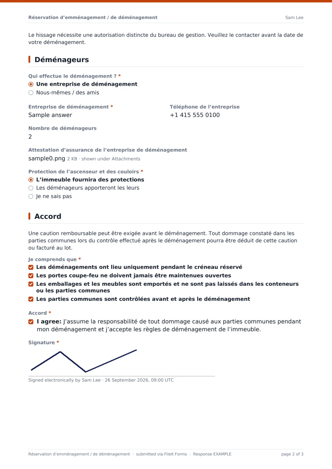 Réservation d’emménagement / de déménagement — exemple de réponse au format PDF, page 2 sur 3