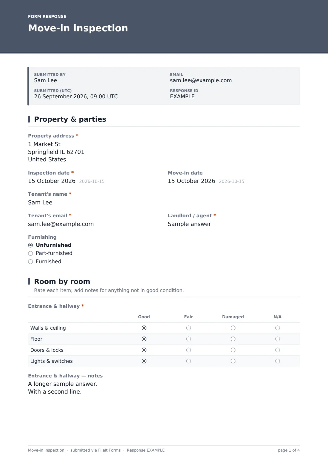 Move-in inspection — example response PDF, page 1 of 4