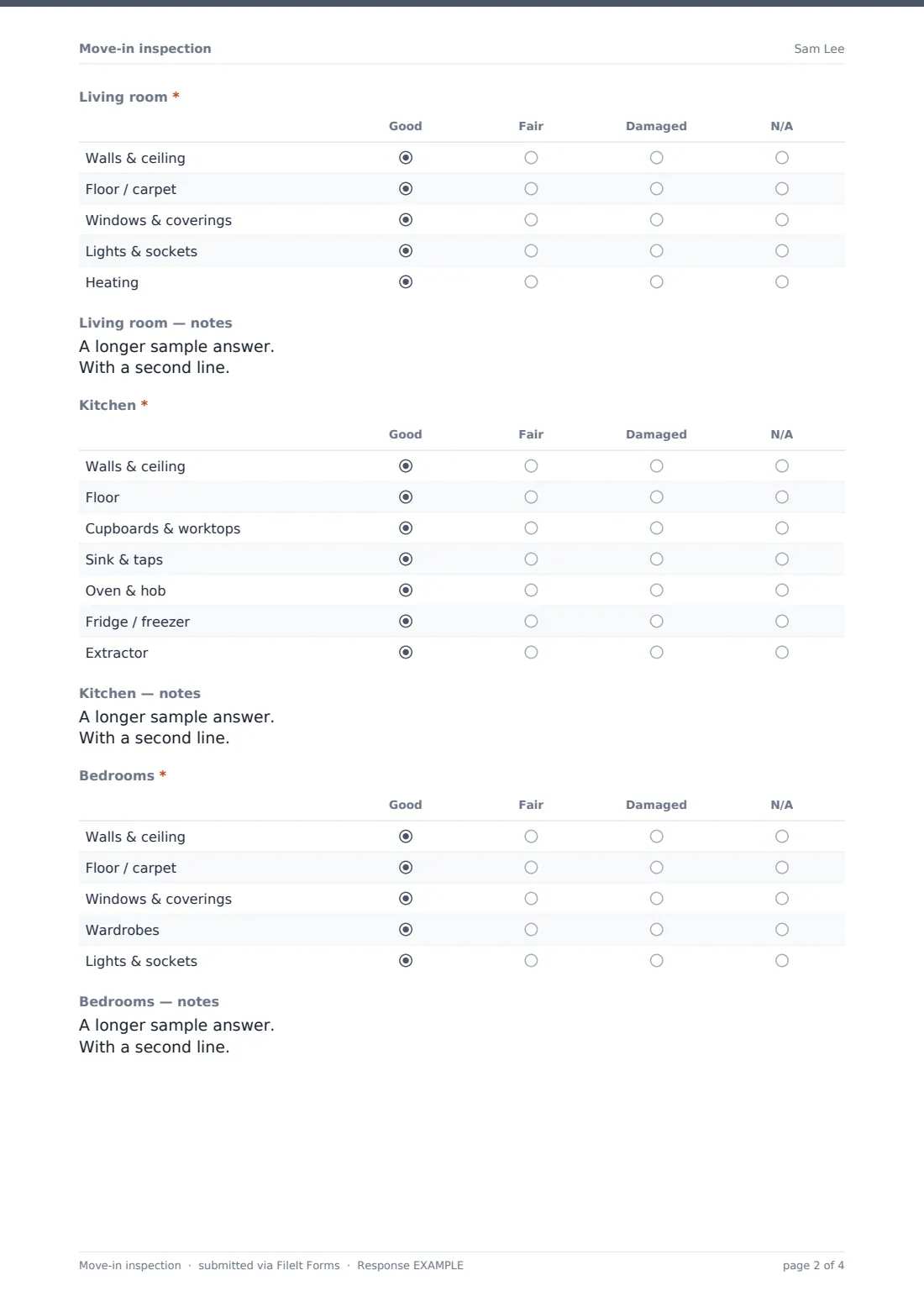 Move-in inspection — example response PDF, page 2 of 4