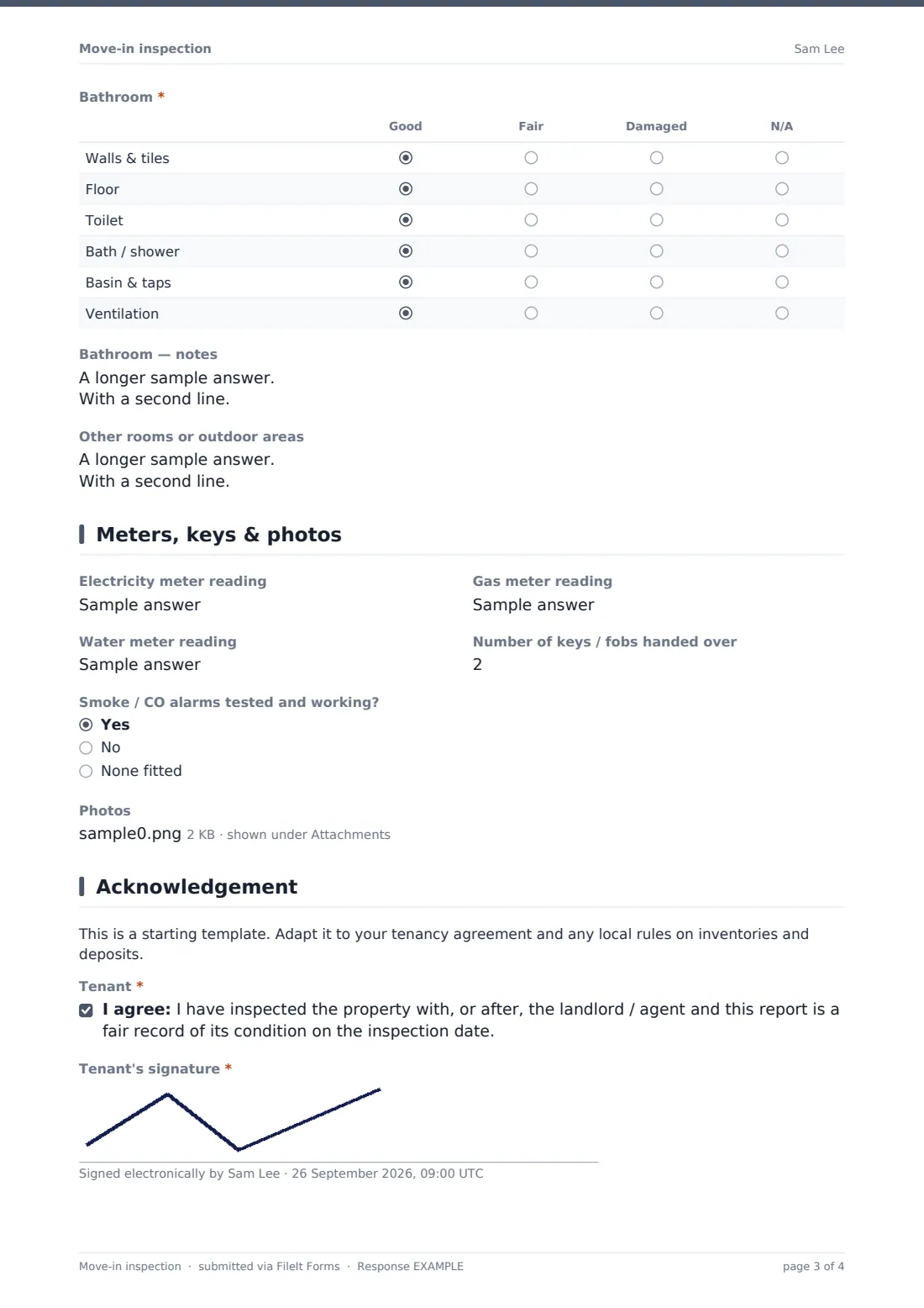 Move-in inspection — example response PDF, page 3 of 4