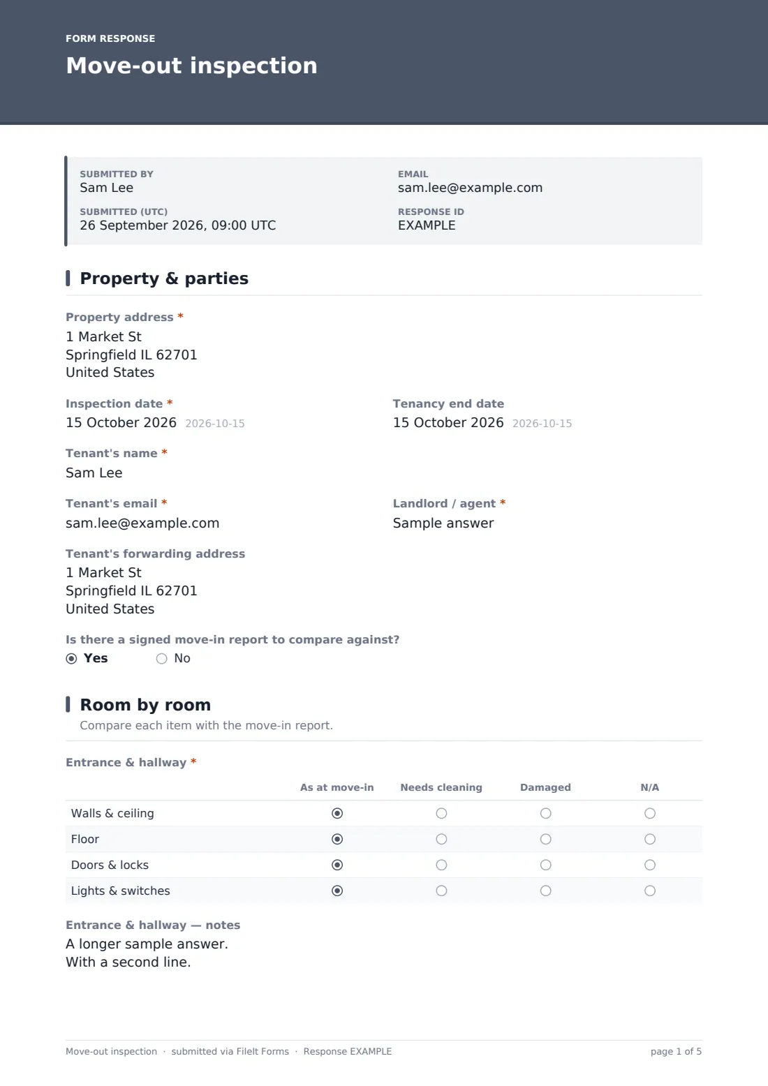 Move-out inspection — example response PDF, page 1 of 5