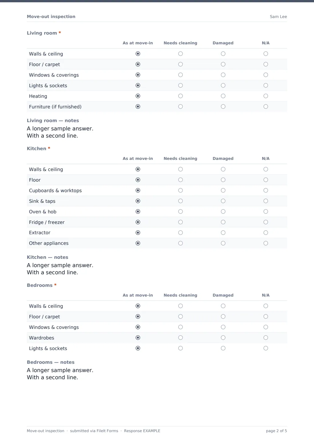 Move-out inspection — example response PDF, page 2 of 5