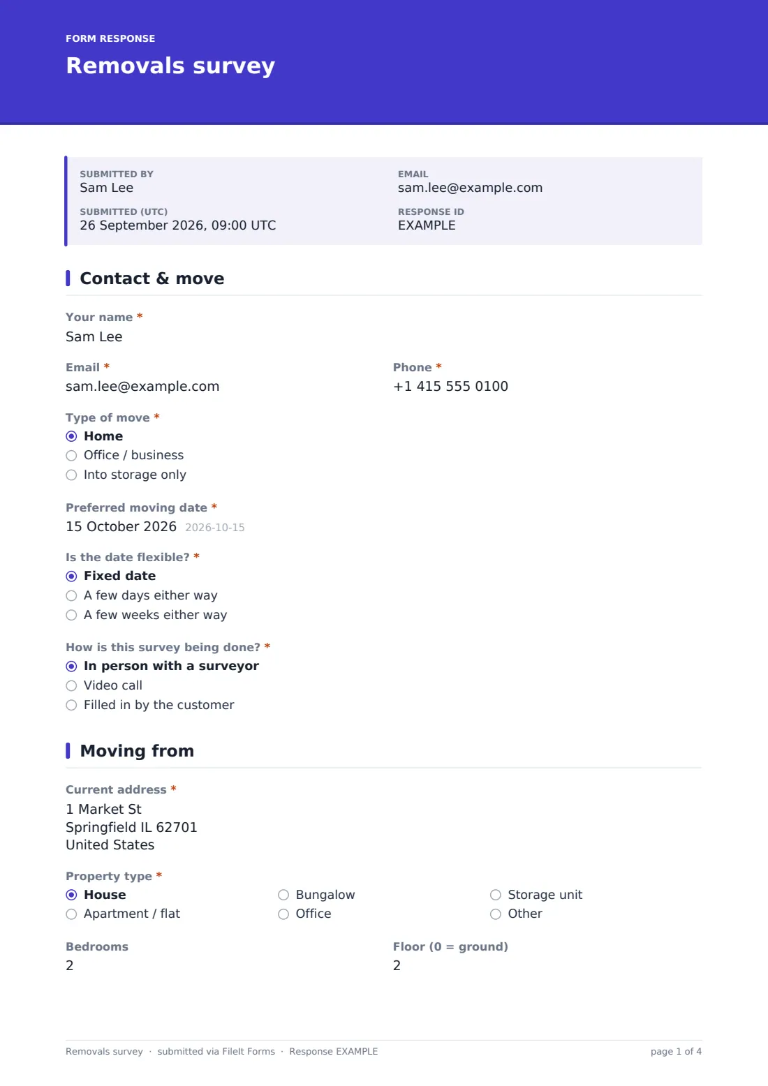 Removals survey — example response PDF, page 1 of 4