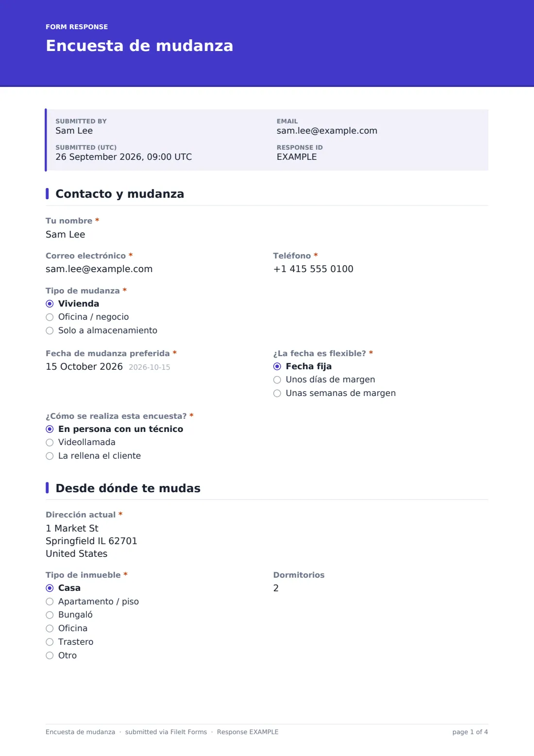 Encuesta de mudanza — PDF de respuesta de ejemplo, página 1 de 4