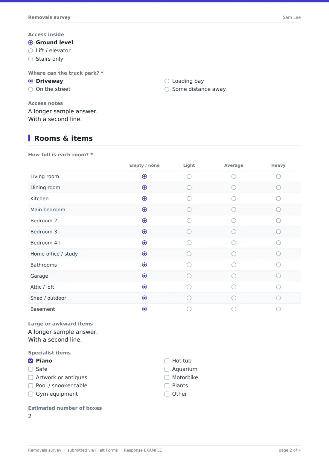 Removals survey — example response PDF, page 2 of 4
