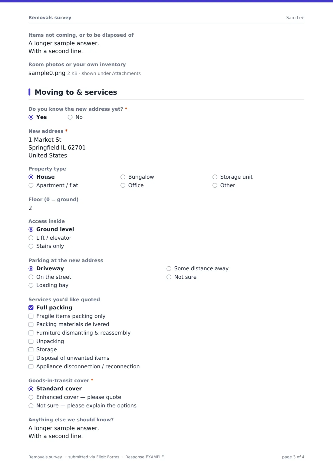 Removals survey — example response PDF, page 3 of 4