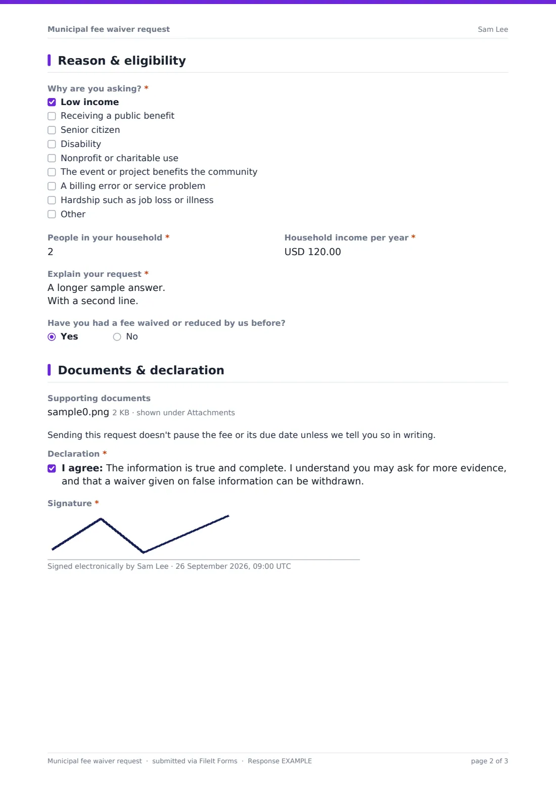 Municipal fee waiver request — example response PDF, page 2 of 3