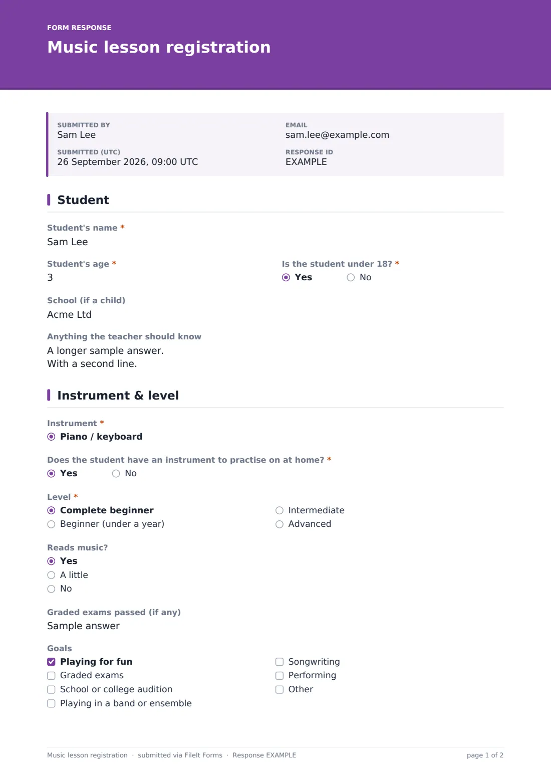 Music lesson registration — example response PDF, page 1 of 2