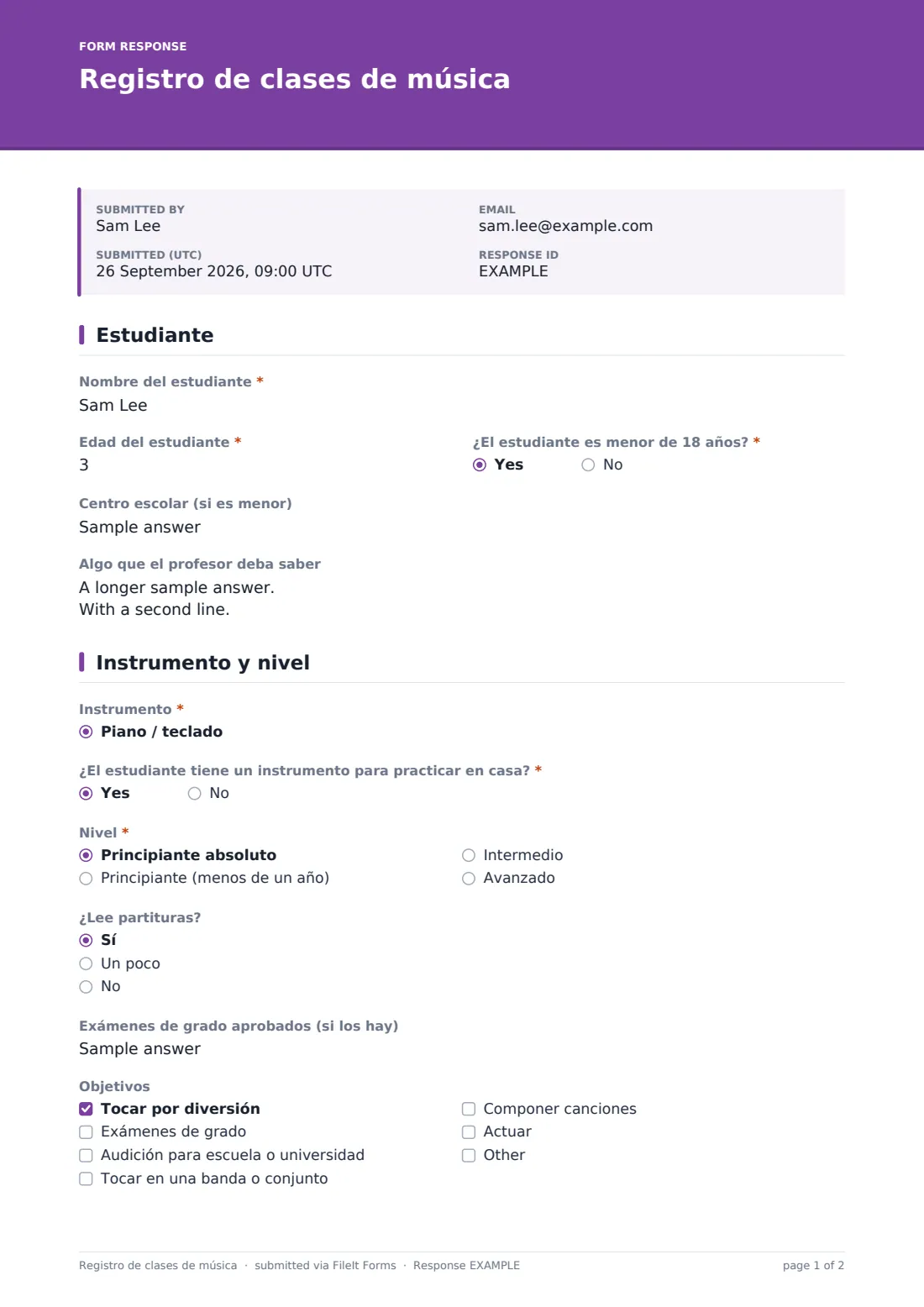Registro de clases de música — PDF de respuesta de ejemplo, página 1 de 2