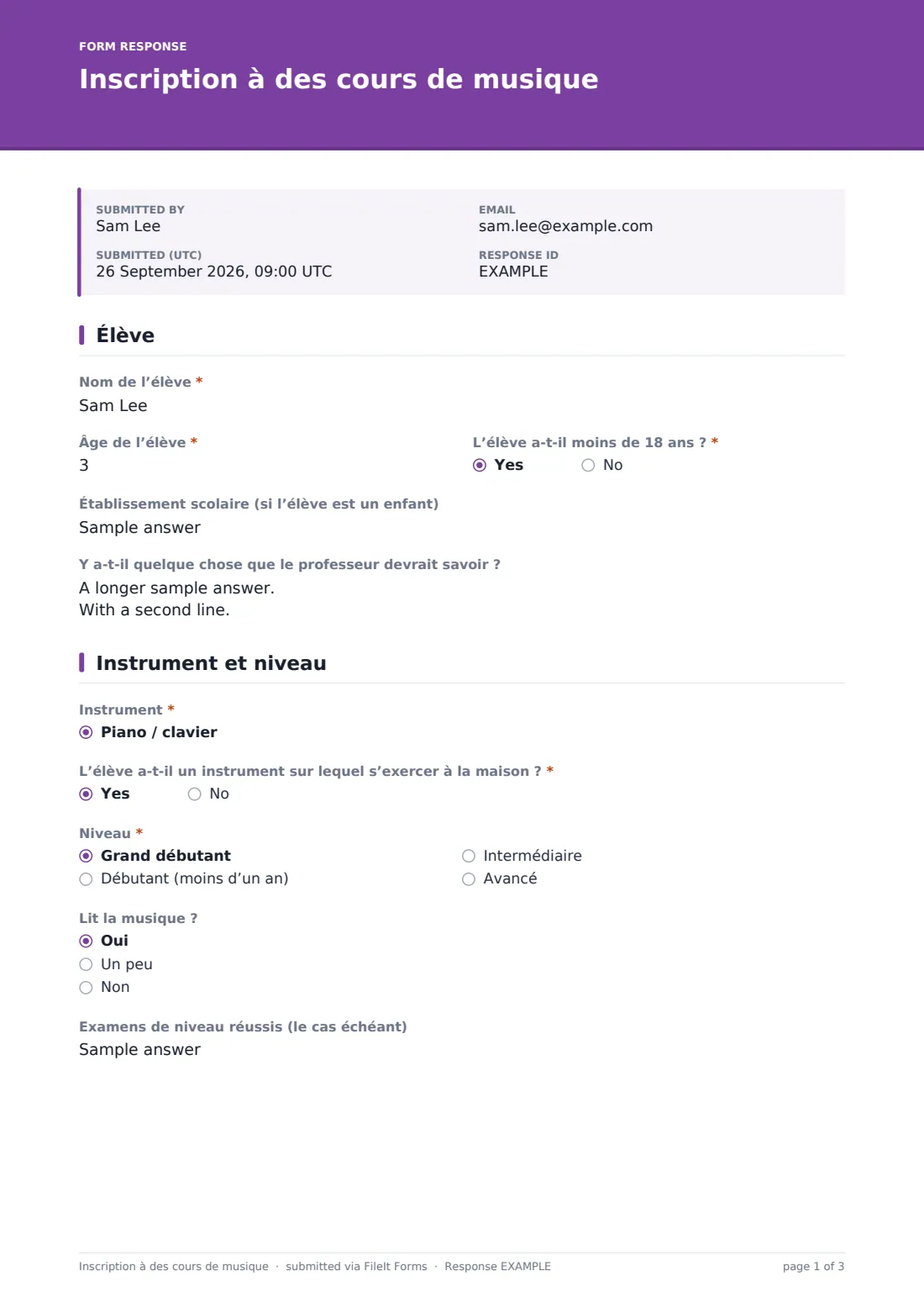 Inscription à des cours de musique — exemple de réponse au format PDF, page 1 sur 3