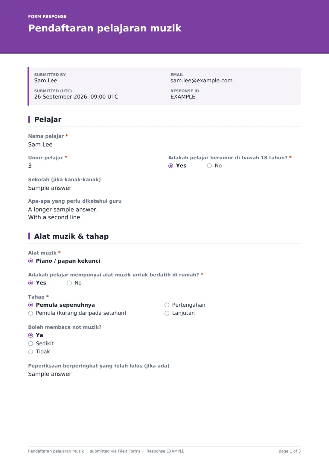 Pendaftaran pelajaran muzik — PDF respons contoh, halaman 1 daripada 3