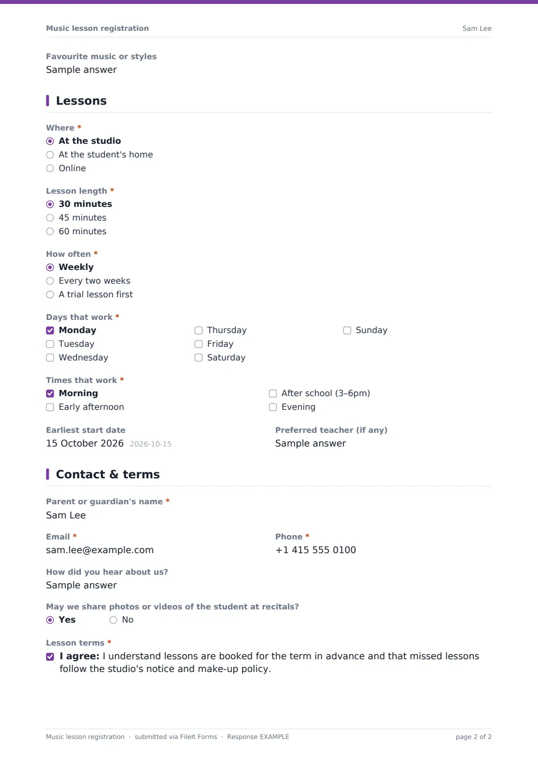 Music lesson registration — example response PDF, page 2 of 2