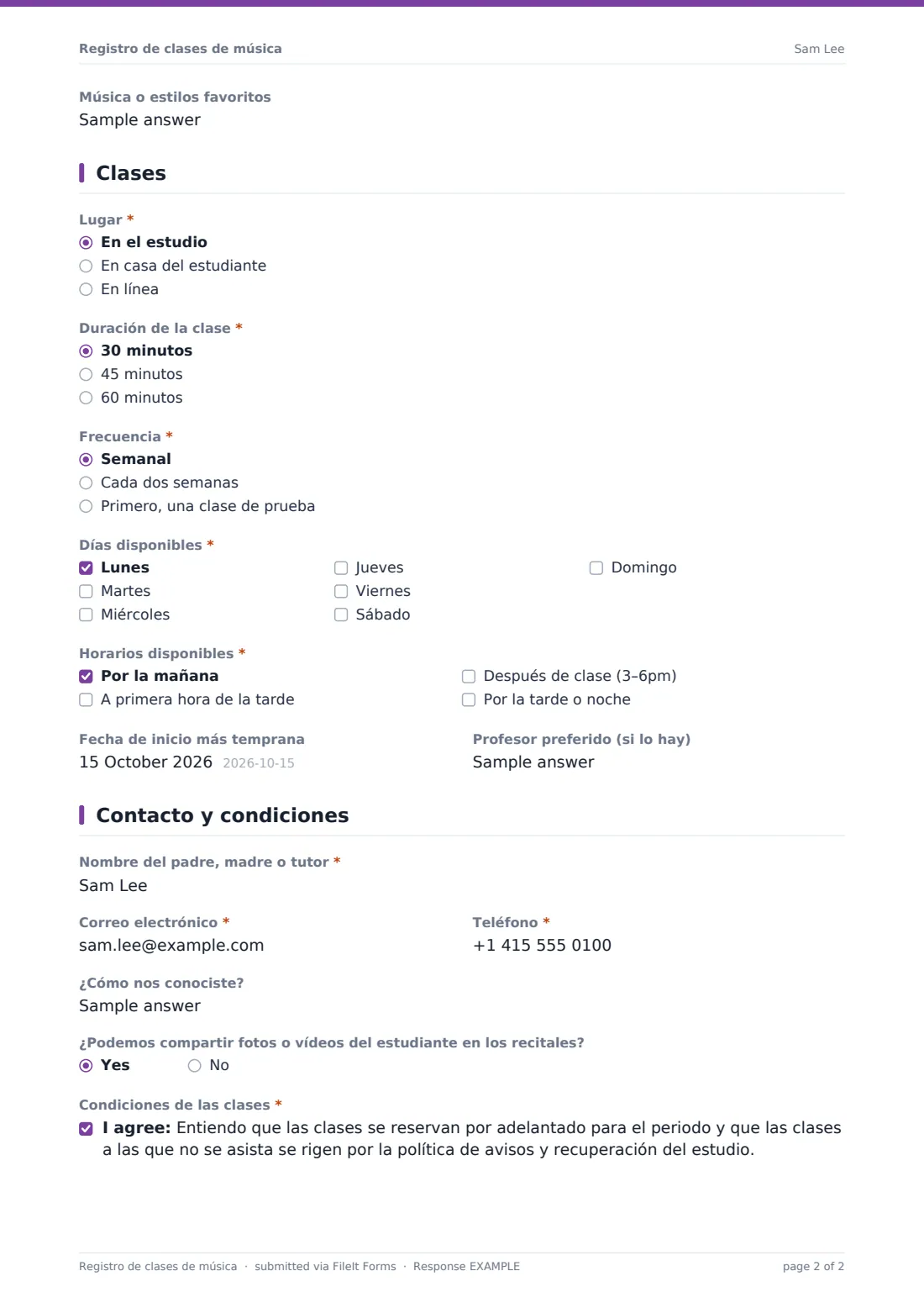 Registro de clases de música — PDF de respuesta de ejemplo, página 2 de 2