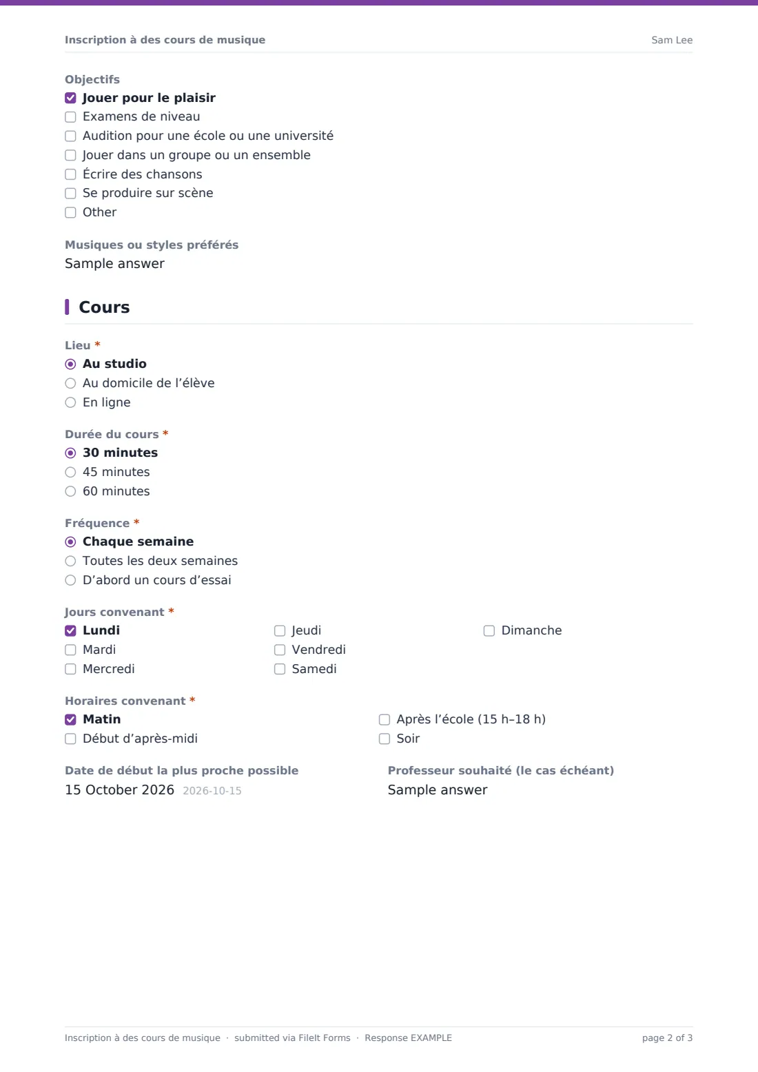 Inscription à des cours de musique — exemple de réponse au format PDF, page 2 sur 3