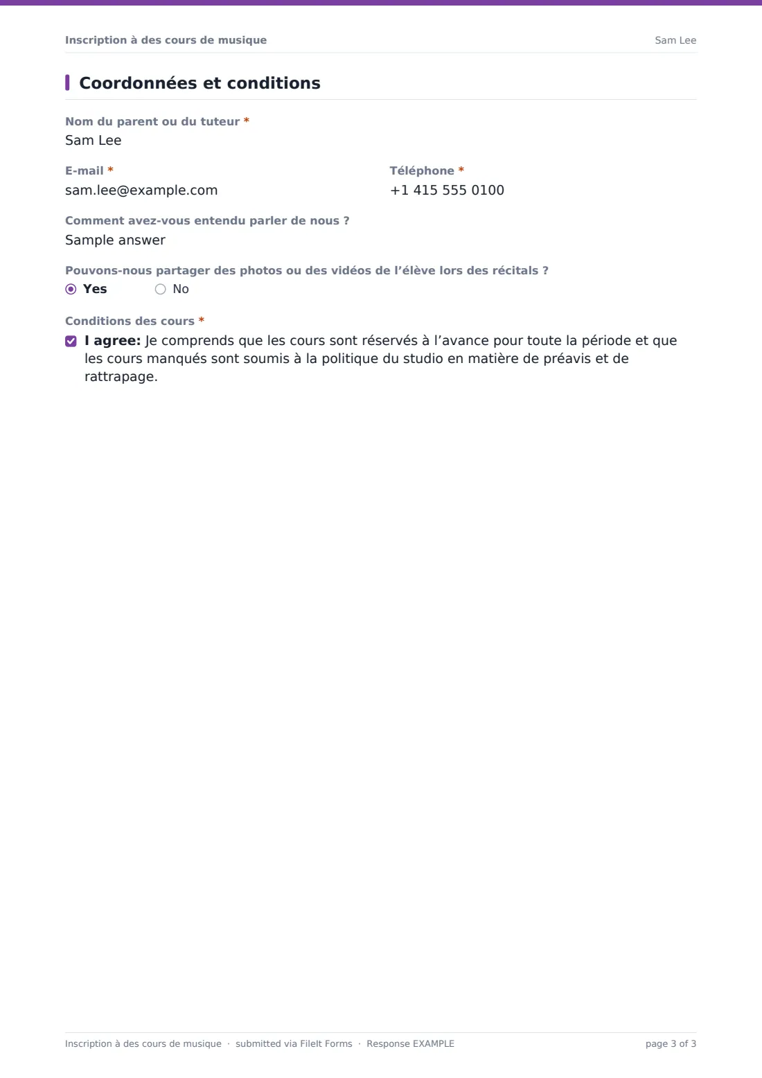 Inscription à des cours de musique — exemple de réponse au format PDF, page 3 sur 3