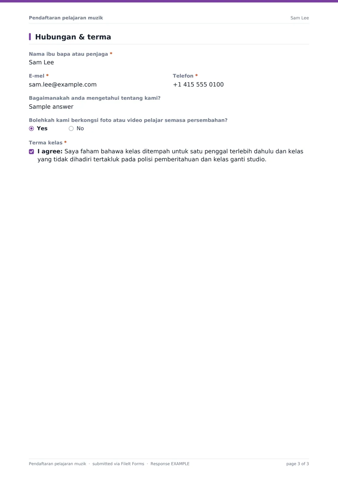 Pendaftaran pelajaran muzik — PDF respons contoh, halaman 3 daripada 3