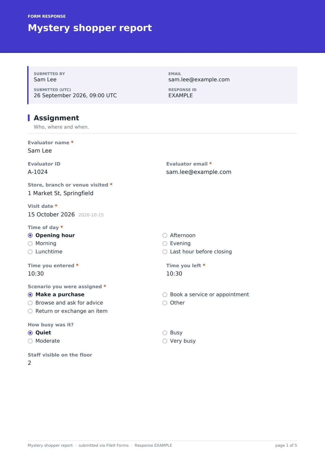 Mystery shopper report — example response PDF, page 1 of 5