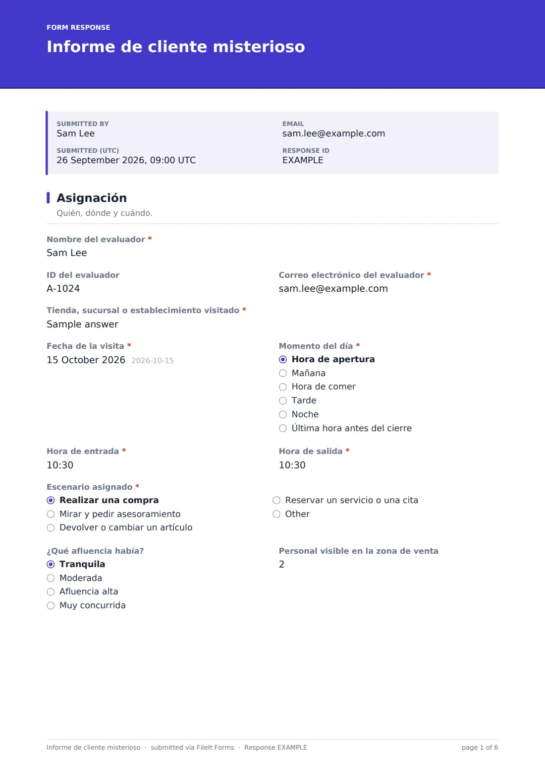Informe de cliente misterioso — PDF de respuesta de ejemplo, página 1 de 6