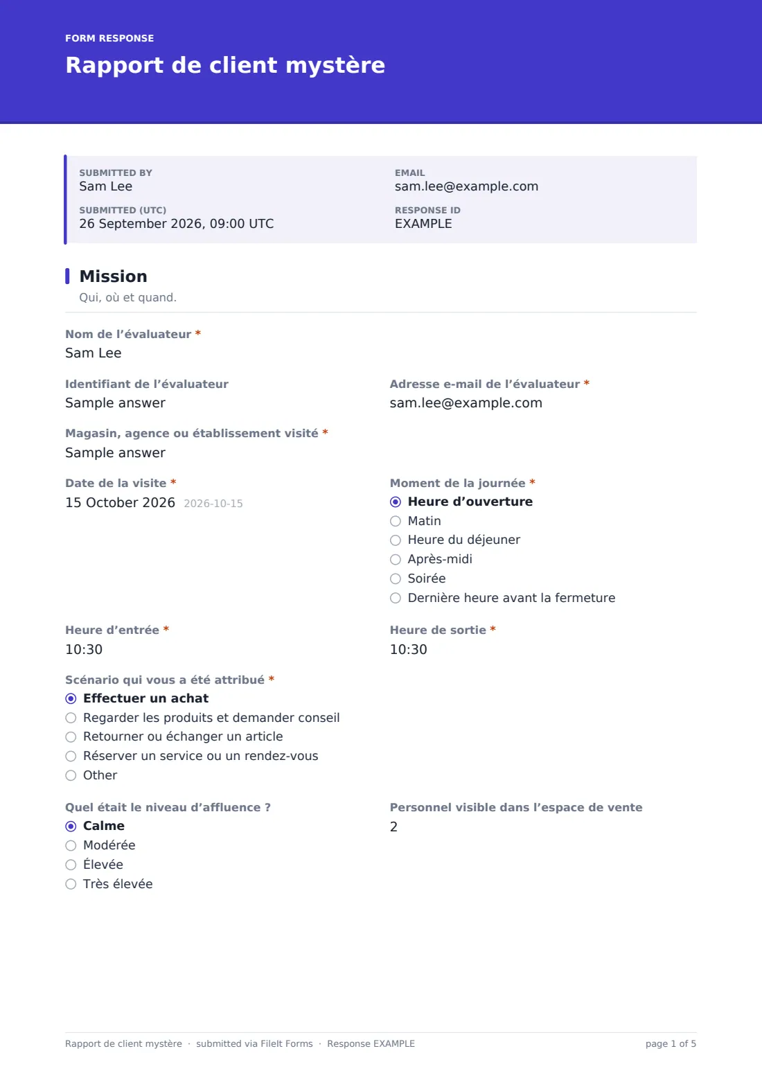 Rapport de client mystère — exemple de réponse au format PDF, page 1 sur 5