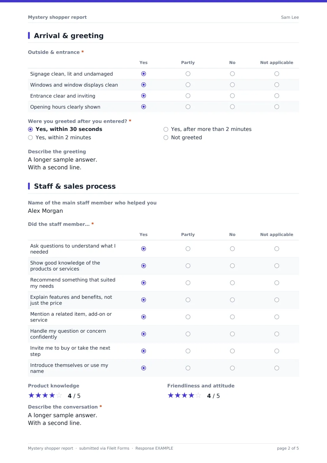 Mystery shopper report — example response PDF, page 2 of 5