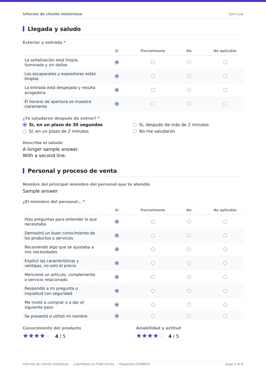 Informe de cliente misterioso — PDF de respuesta de ejemplo, página 2 de 6