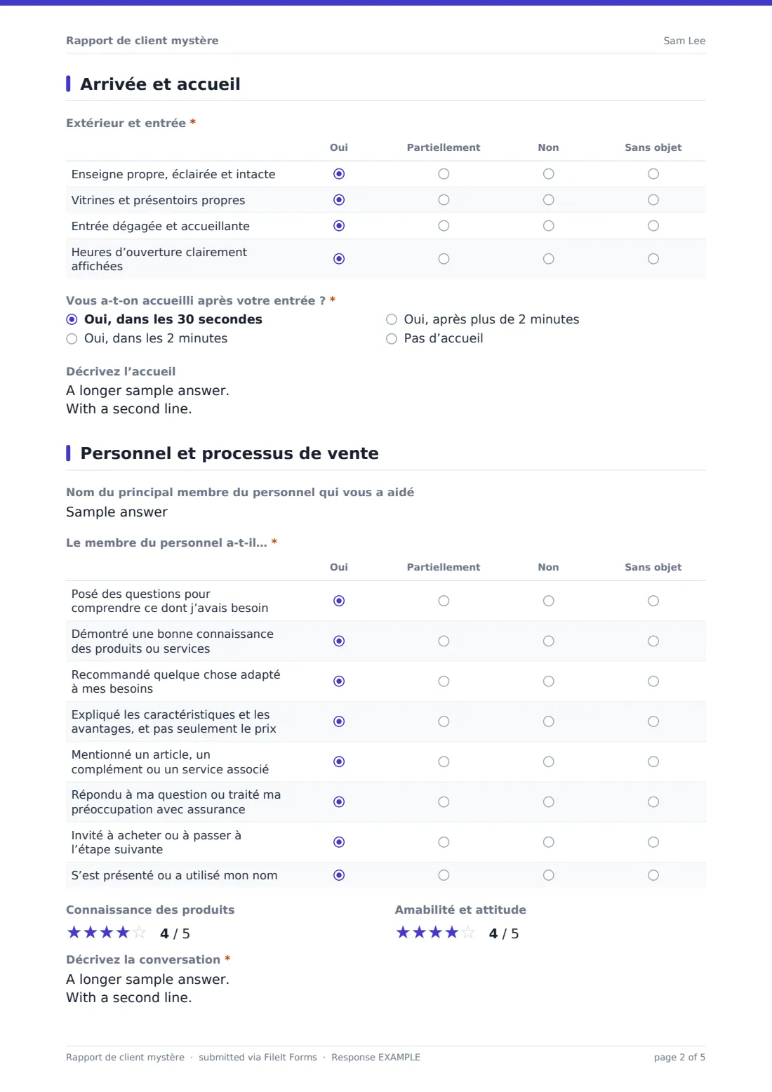 Rapport de client mystère — exemple de réponse au format PDF, page 2 sur 5