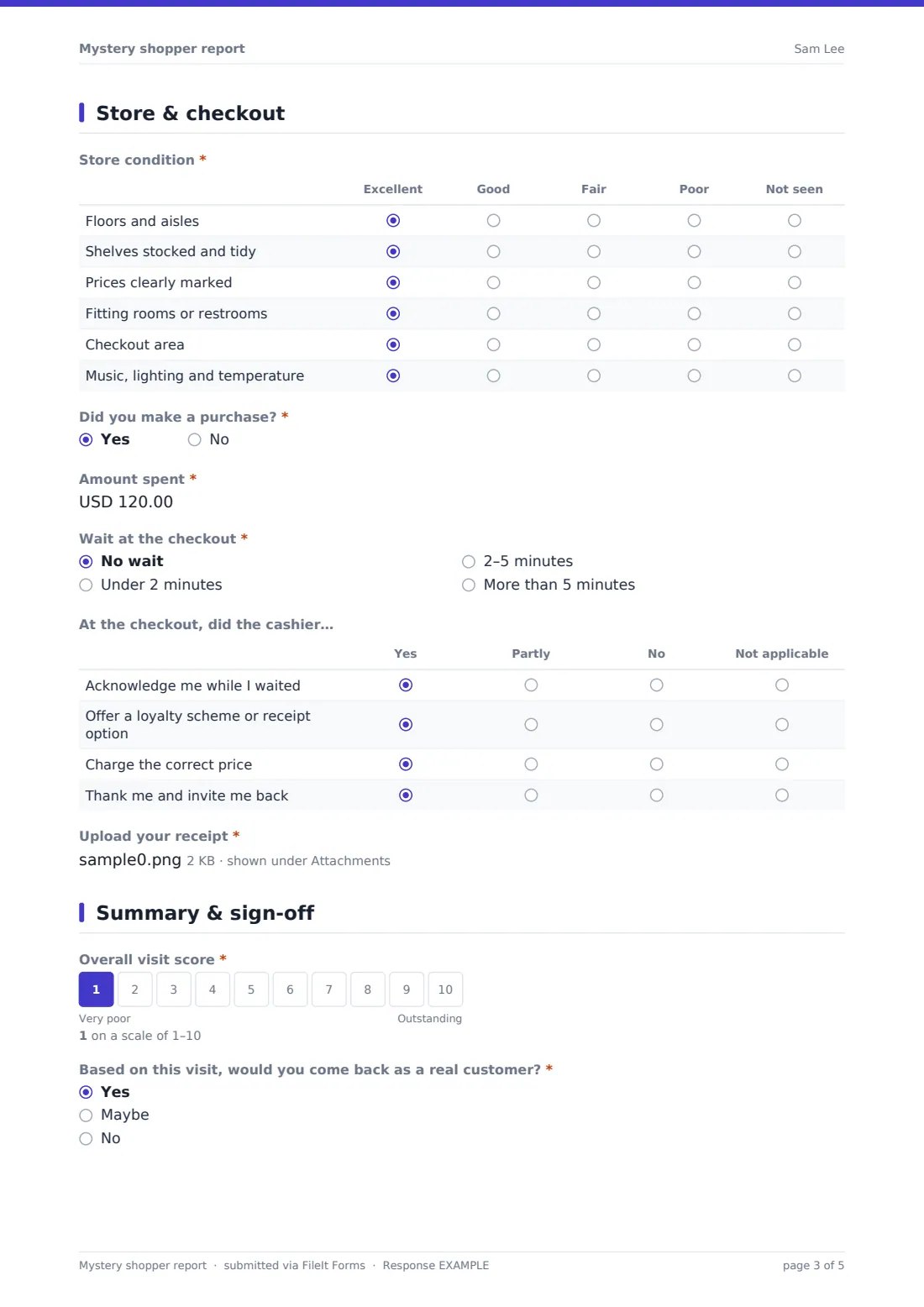 Mystery shopper report — example response PDF, page 3 of 5