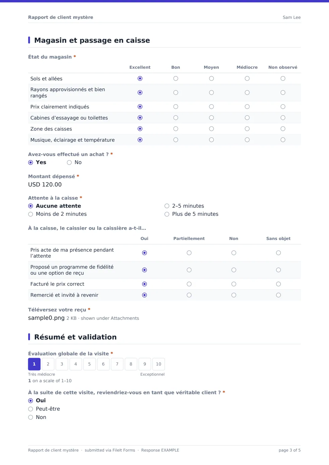 Rapport de client mystère — exemple de réponse au format PDF, page 3 sur 5