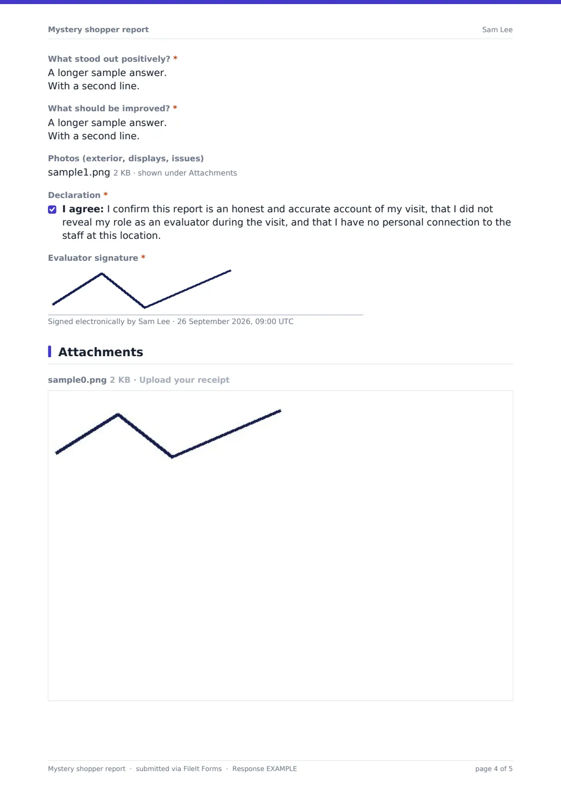 Mystery shopper report — example response PDF, page 4 of 5