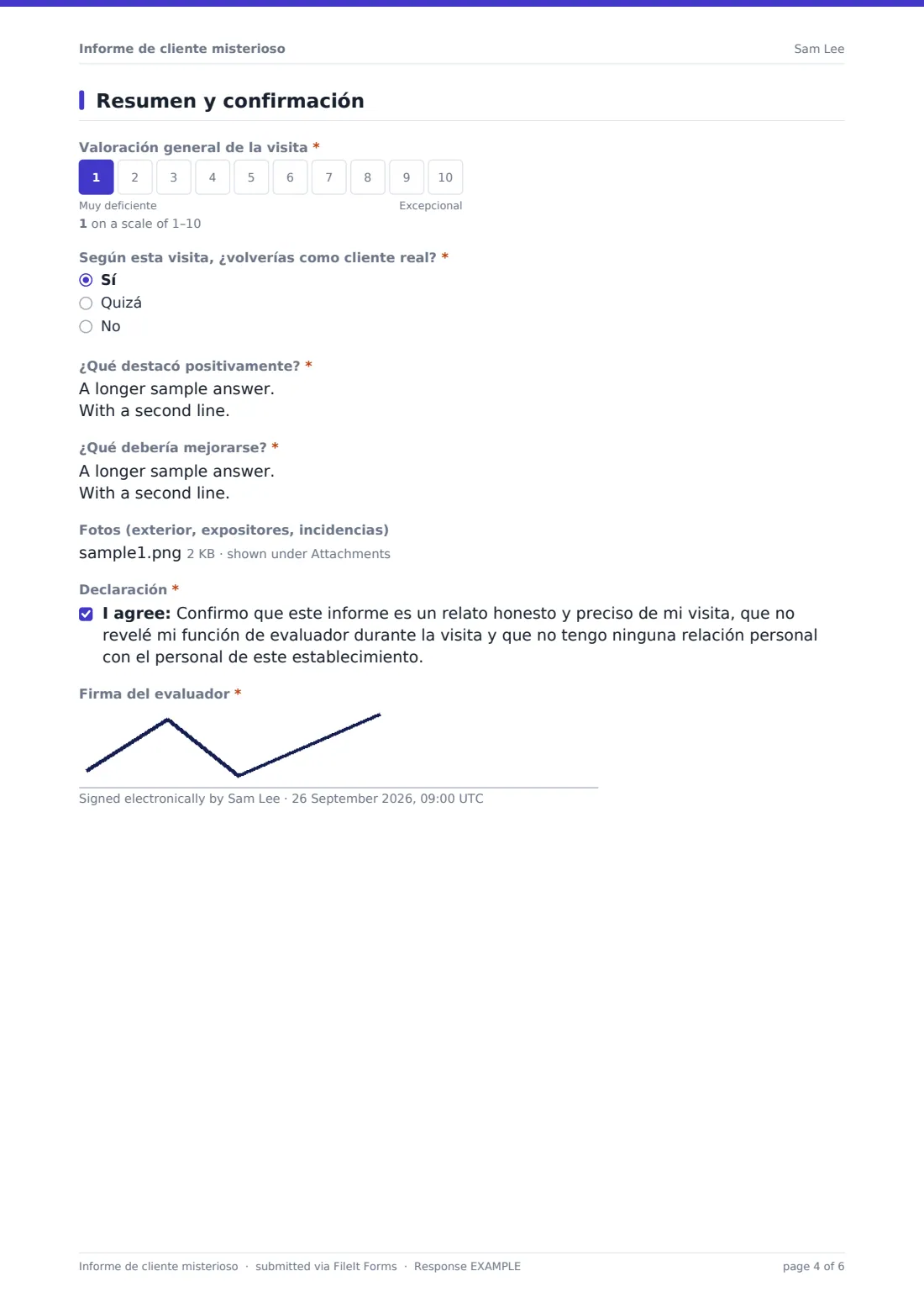 Informe de cliente misterioso — PDF de respuesta de ejemplo, página 4 de 6