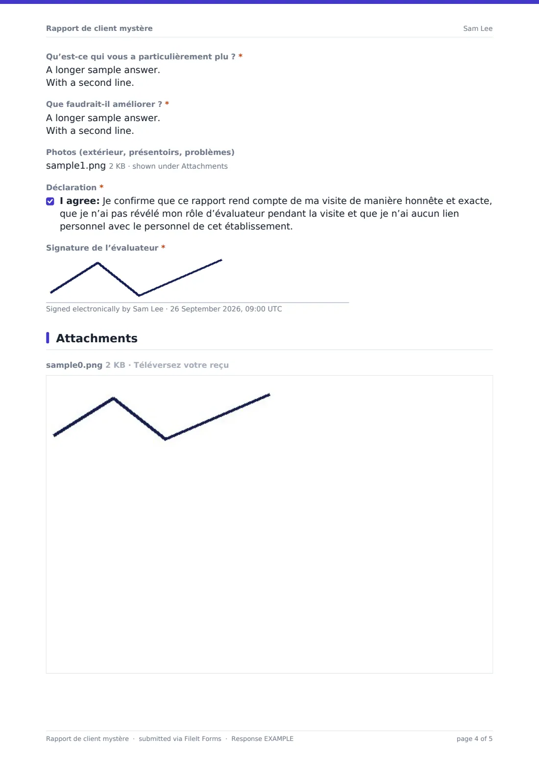 Rapport de client mystère — exemple de réponse au format PDF, page 4 sur 5