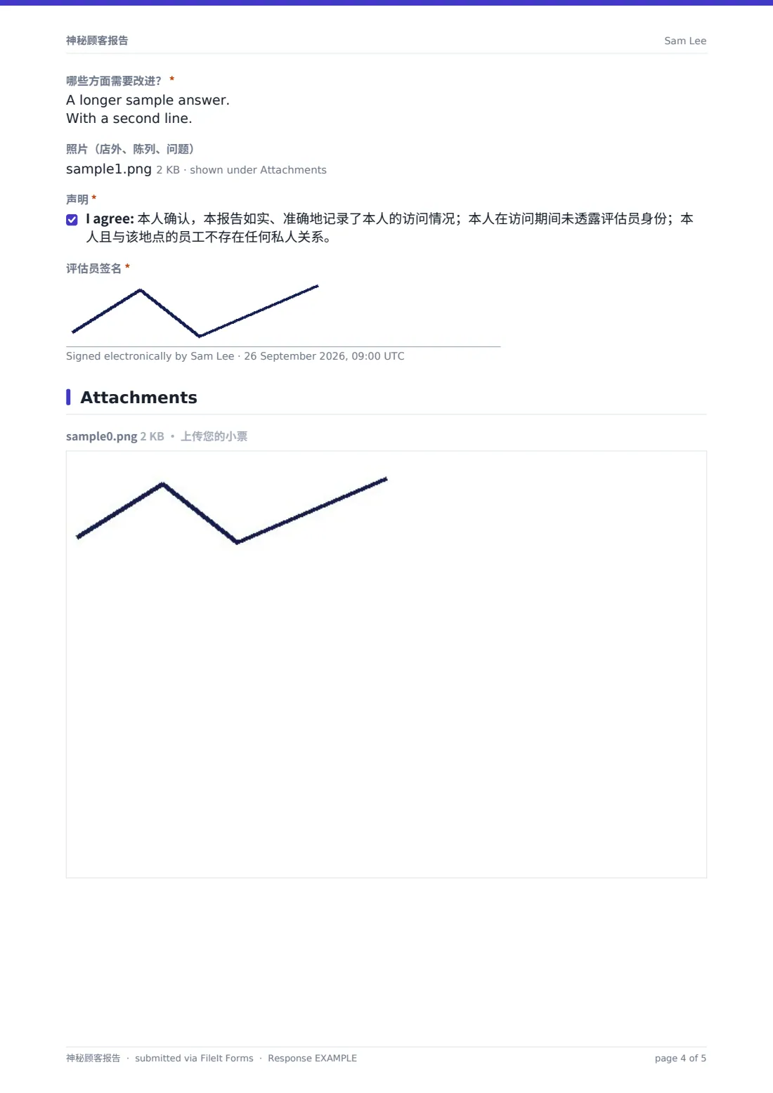 神秘顾客报告 — 示例回复 PDF，第 4 页，共 5 页