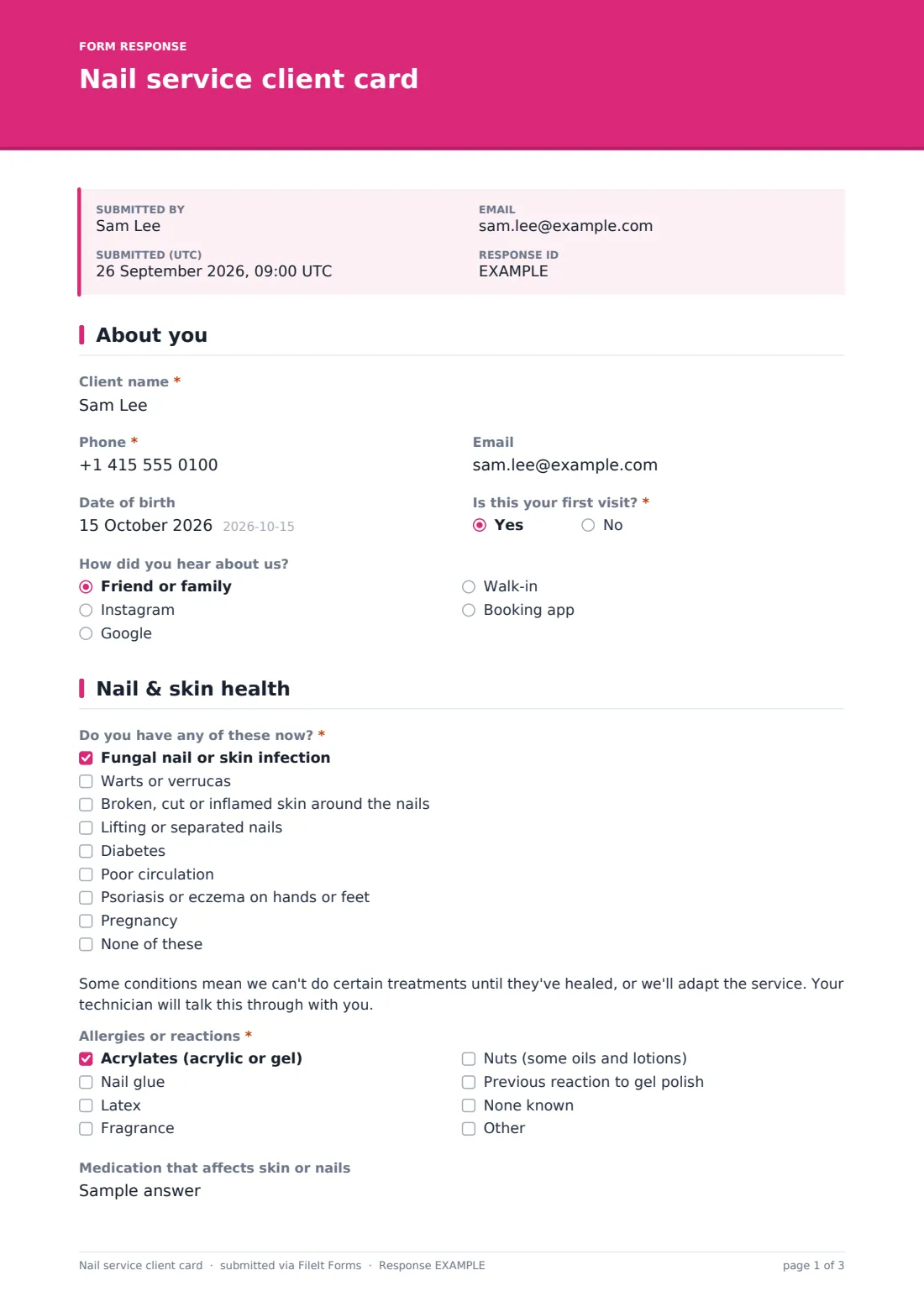 Nail service client card — example response PDF, page 1 of 3