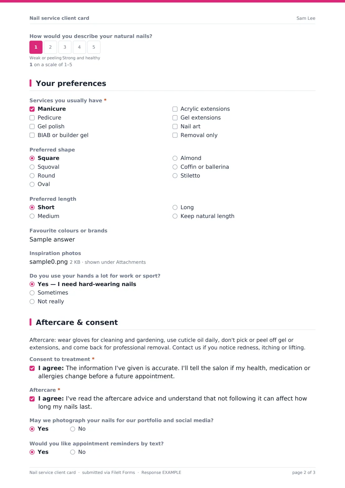 Nail service client card — example response PDF, page 2 of 3
