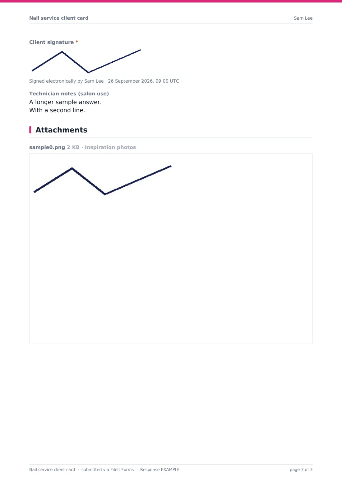 Nail service client card — example response PDF, page 3 of 3