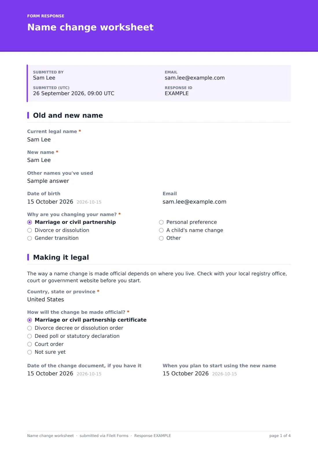 Name change worksheet — example response PDF, page 1 of 4