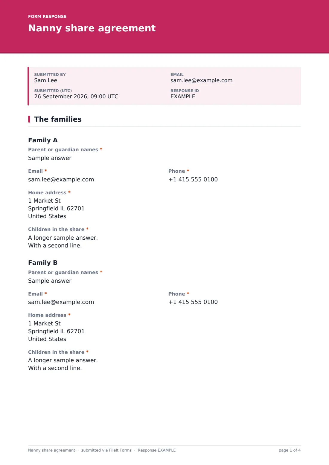 Nanny share agreement — example response PDF, page 1 of 4
