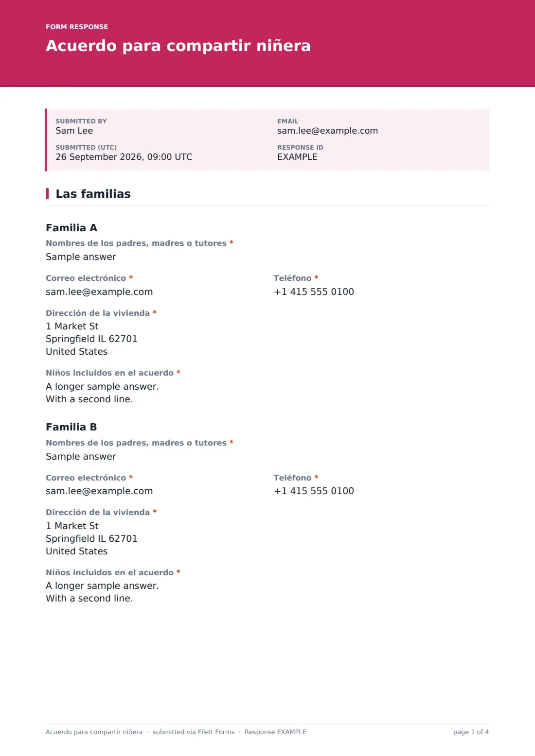 Acuerdo para compartir niñera — PDF de respuesta de ejemplo, página 1 de 4