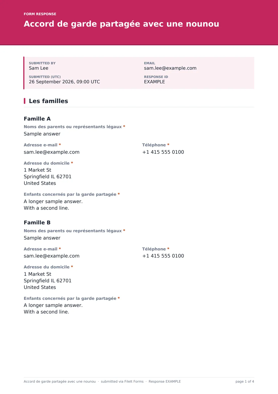Accord de garde partagée avec une nounou — exemple de réponse au format PDF, page 1 sur 4