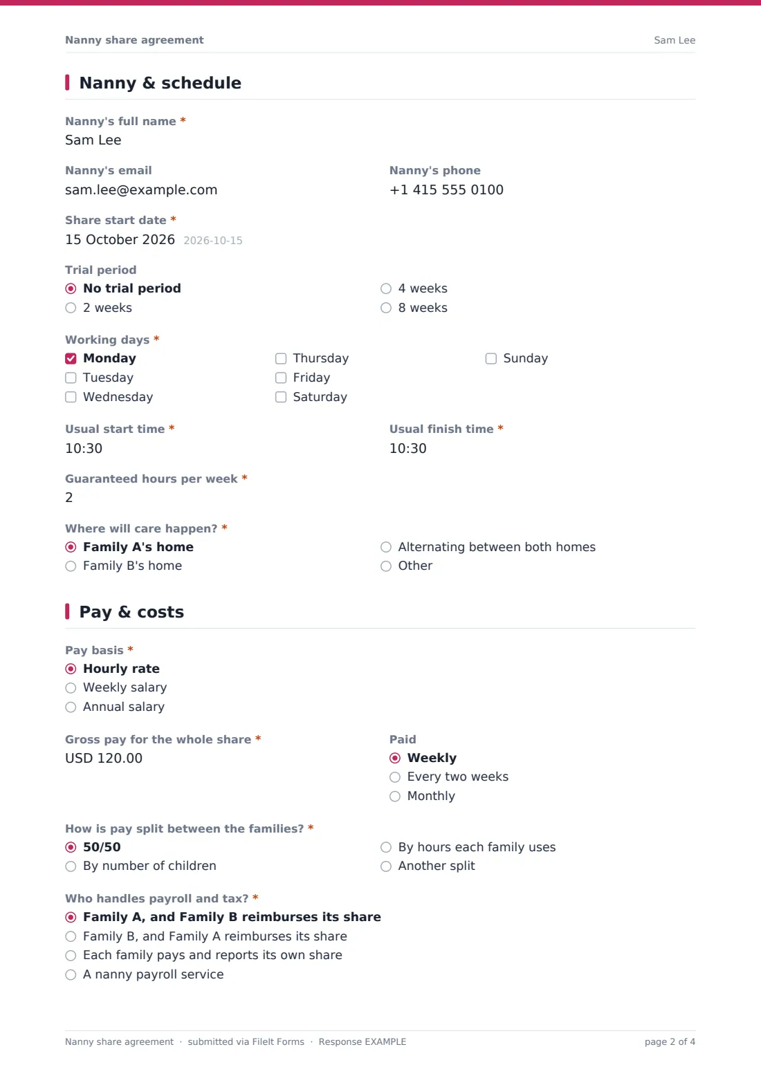 Nanny share agreement — example response PDF, page 2 of 4